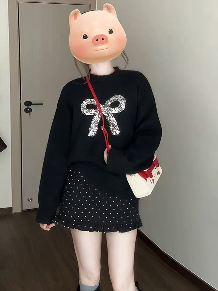 大码女蝴蝶结亮片卫衣➕短裙或长裙 春夏季新款波点减龄套装