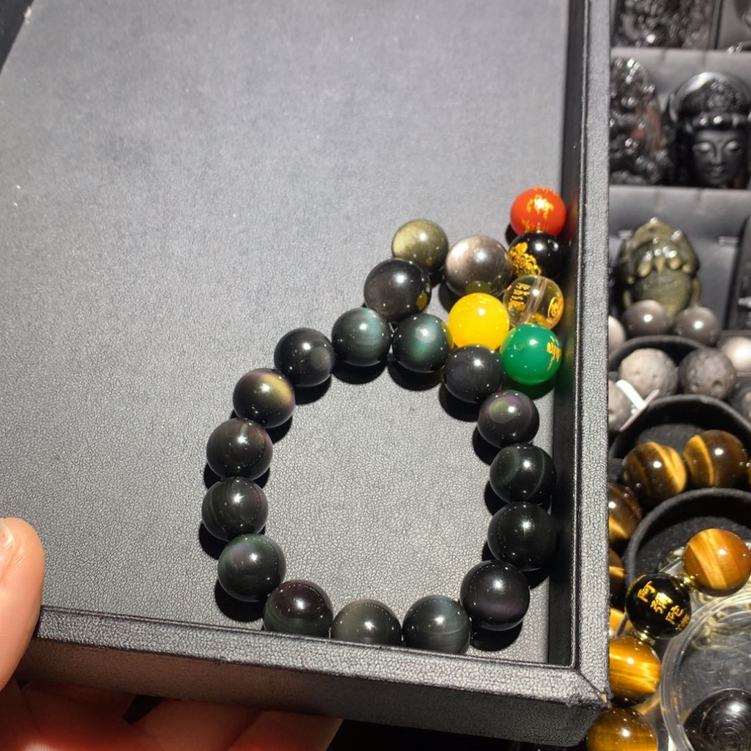 黑曜岩手串未镶嵌呦***鱼定制款，刻宣，属龙