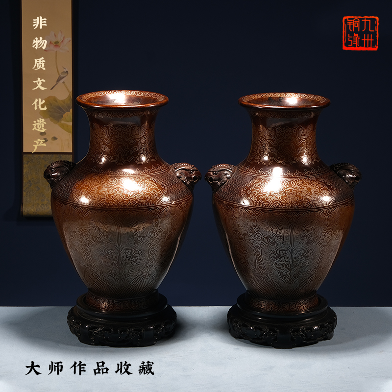 仙作刘希勇大师天鸡耳嵌银丝花瓶家用收藏