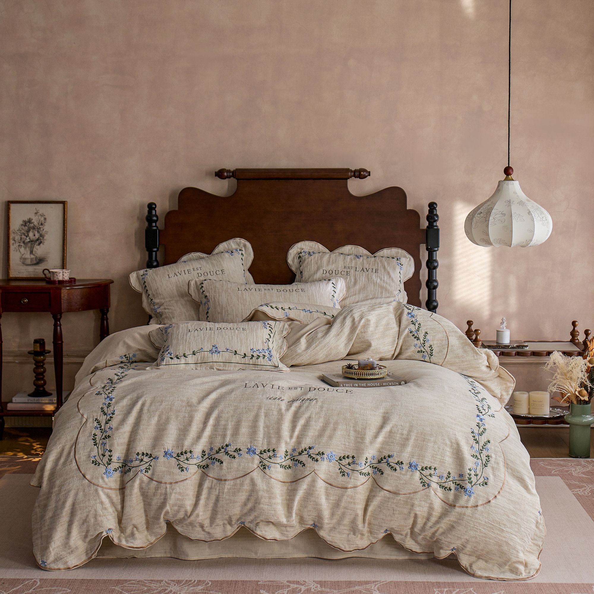 【宝拉家纺】法式复古棉麻色织提花超软四件套被套床上用品