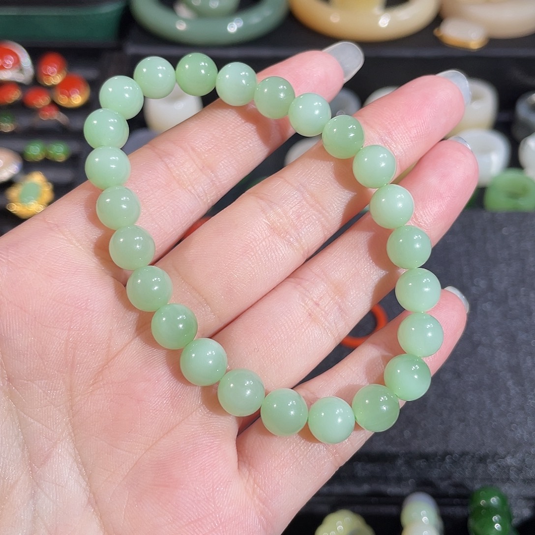 和田玉（碧玉）未镶嵌手串卡8 碧玉黑羊洞薄荷绿手串