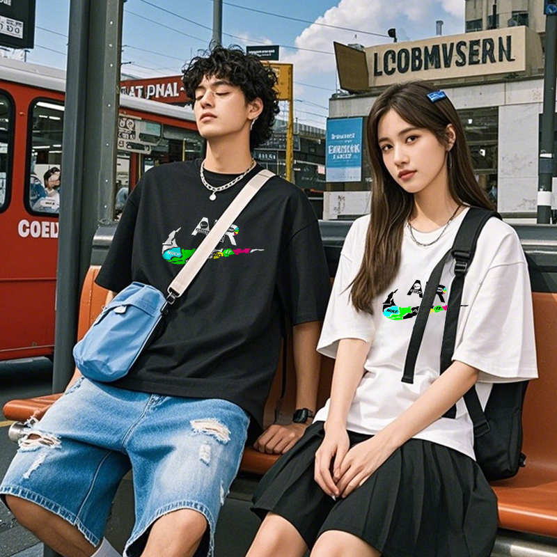 透气中性圆领宽松型休闲百搭情侣夏季运动T恤单肩男士时尚潮流