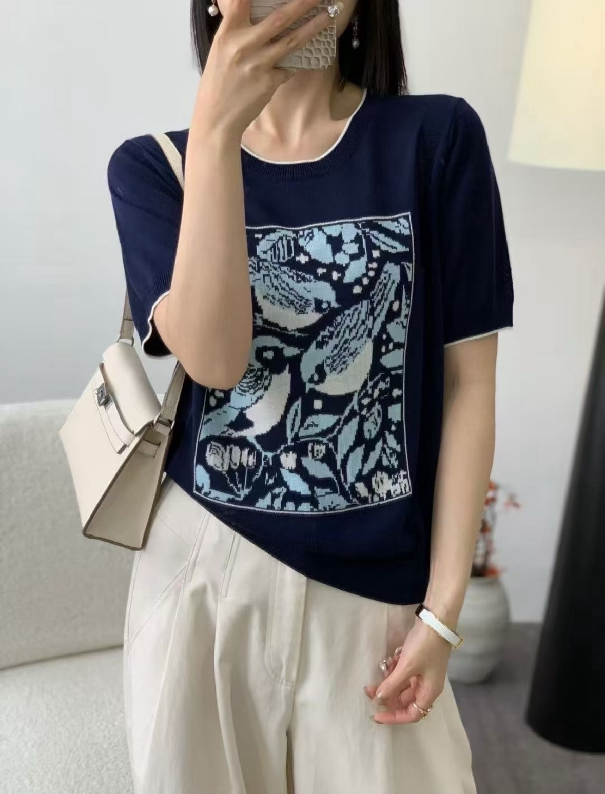 喜上眉梢天丝针织衫 高级藏青+双面织喜鹊提花奢美大气！