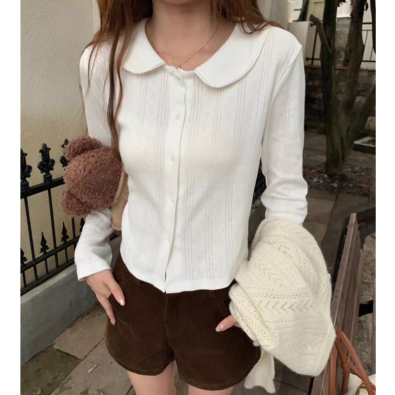 韩版复古纯棉娃娃领长袖衬衫女秋季2025新款叠穿短款衬衣打底上衣