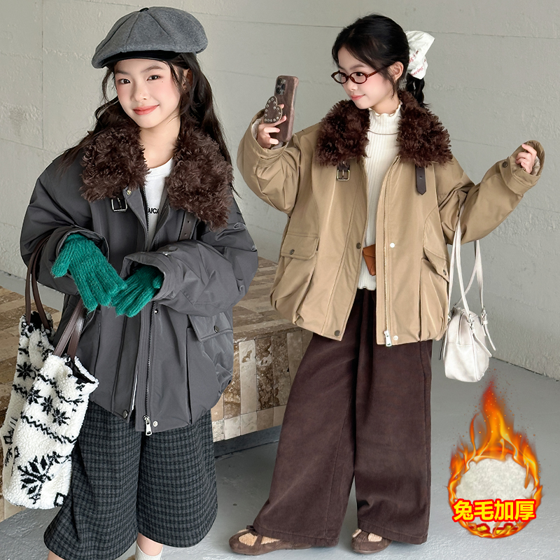 【毛妈潮牌】女童冬加厚派克服棉衣外套2025新款大童巴恩风毛派克服