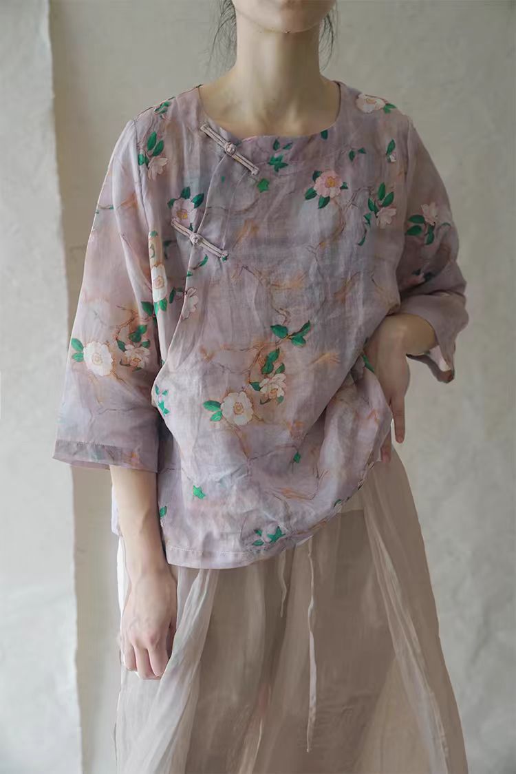 （A401-A500）直播过款方式2025新款透气七分袖苎麻上衣