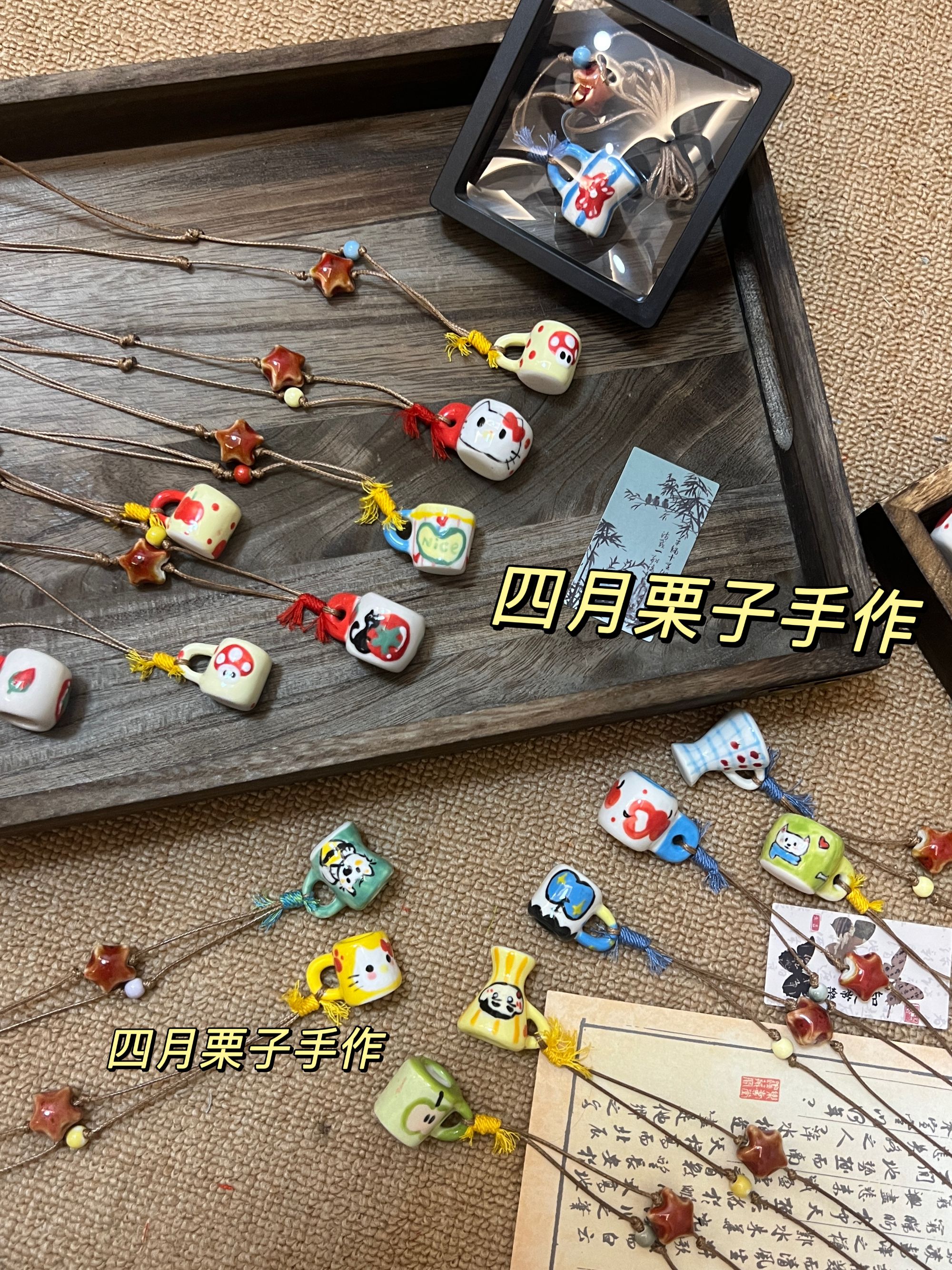 手绘陶瓷小杯子 小狗  小鱼 蝴蝶手绘手画的原创diy项链【孤品】