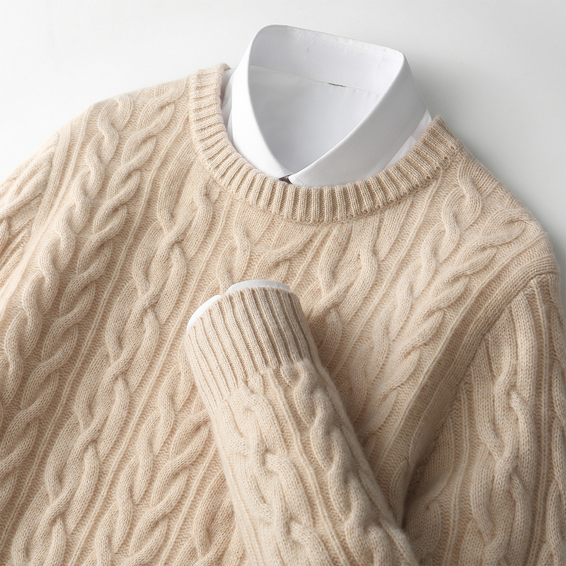 秋冬90支100%羊毛五针四股加厚圆领麻花支持质检时尚休闲羊毛衫S