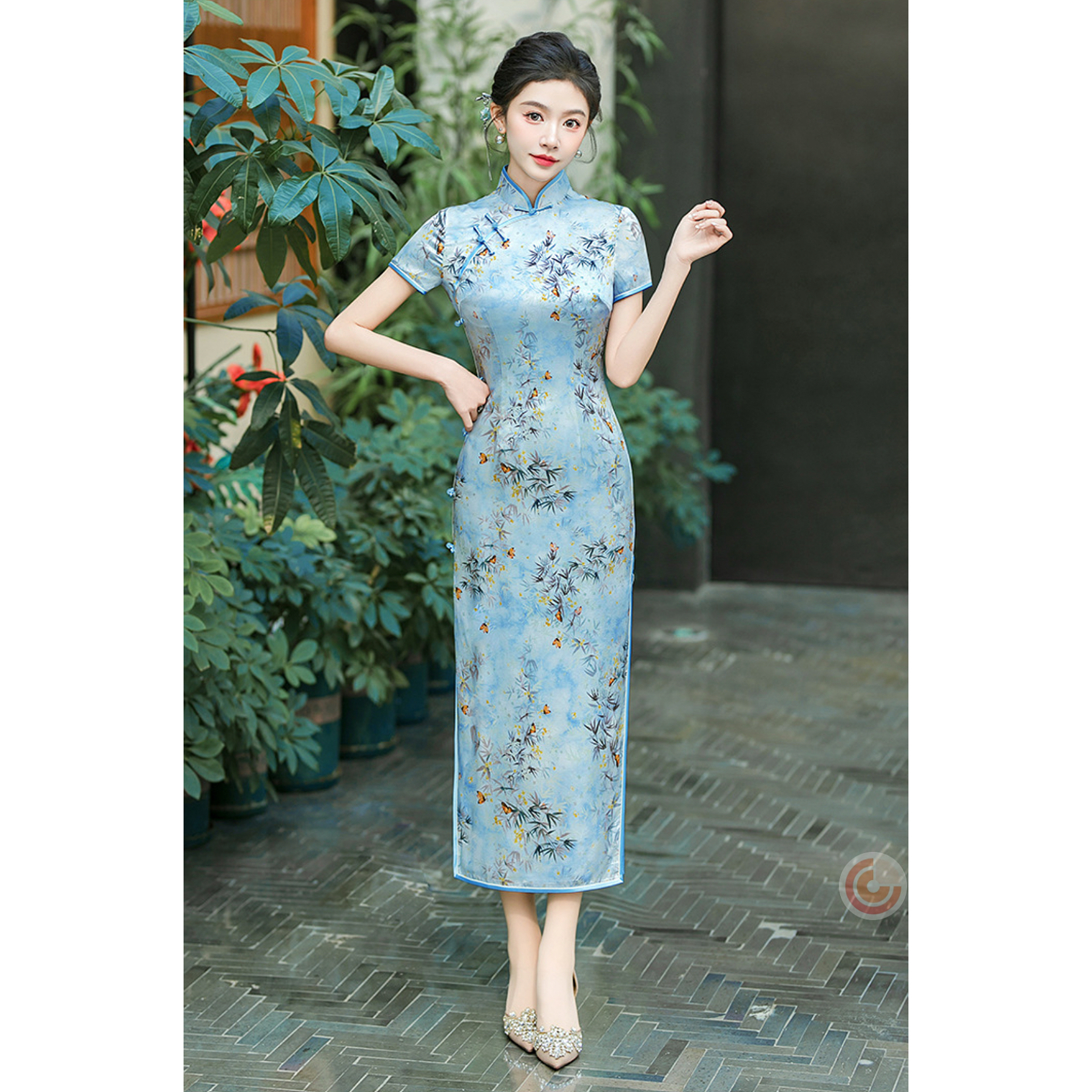 诺衣【竹叶青】桑蚕丝年轻长款旗袍