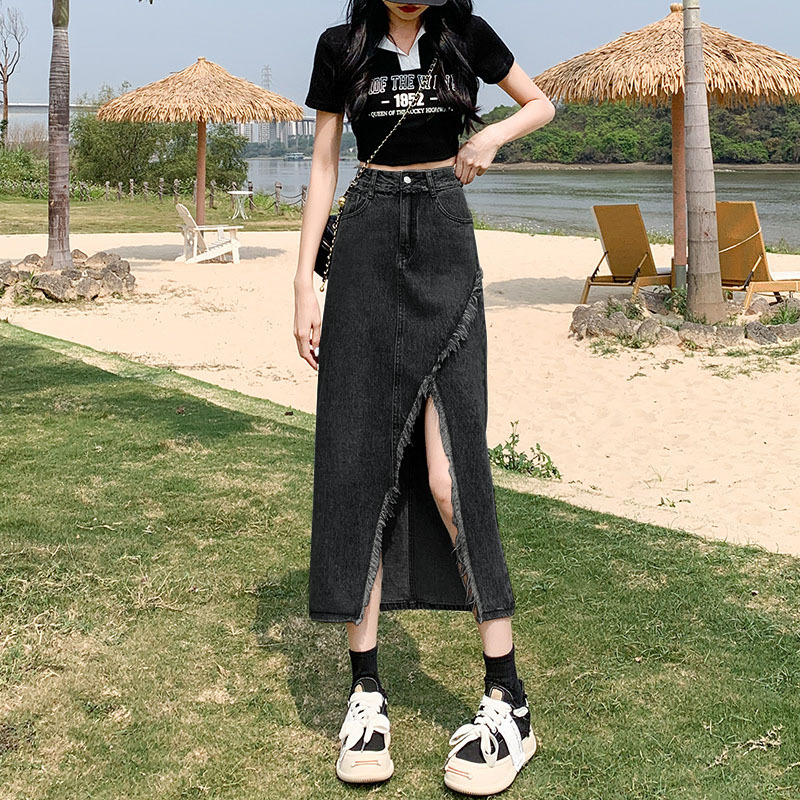 黑色高腰显瘦不规则开叉牛仔半身裙夏季女款设计感A字牛仔裙半身