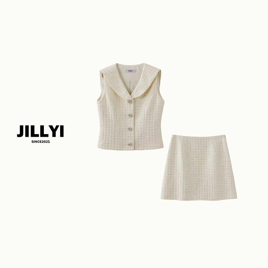 JILLYI南山店【人鱼沙滩】奶油色粗花呢华夫格小香风套装时尚夏季