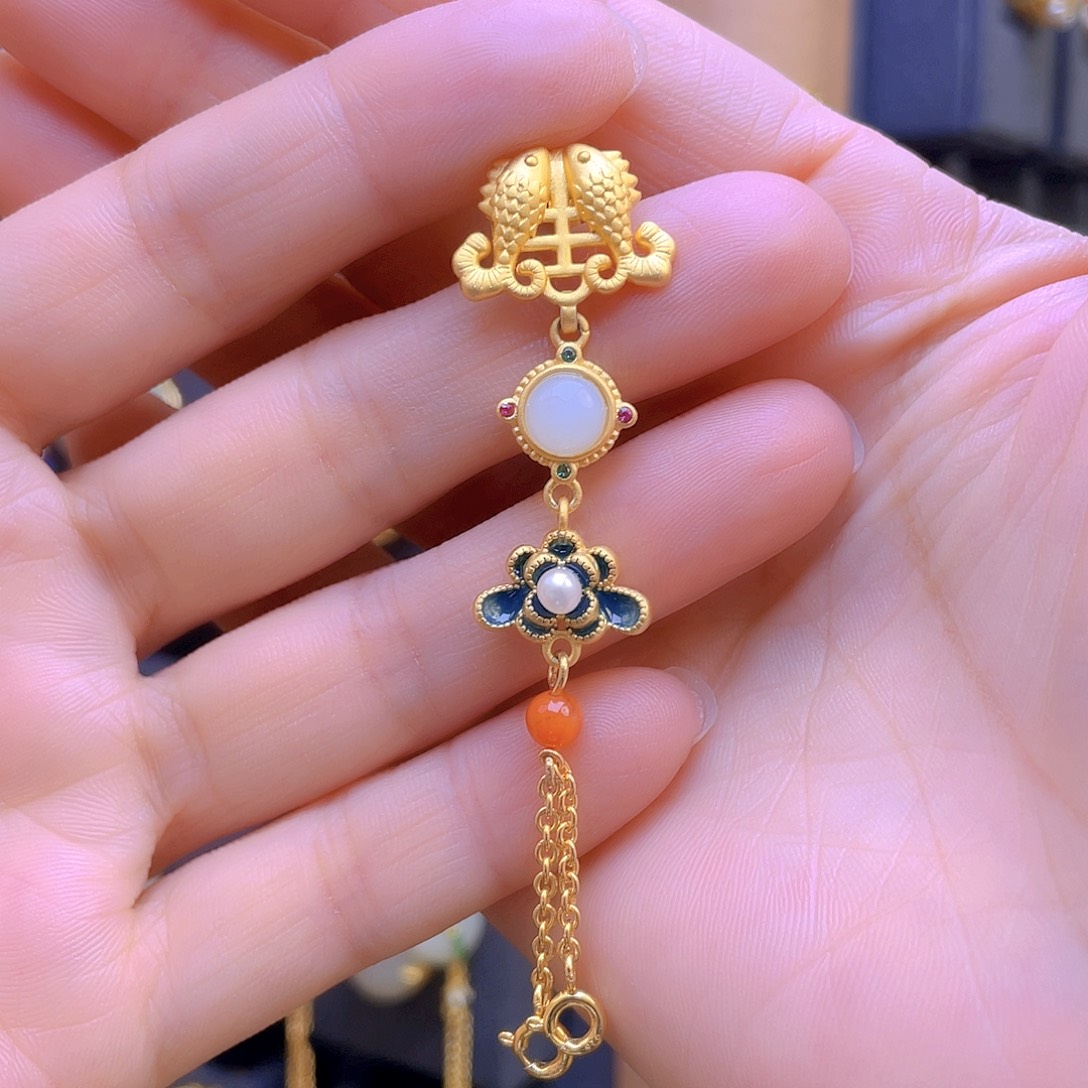 和田玉颈饰银S925镀金镶嵌