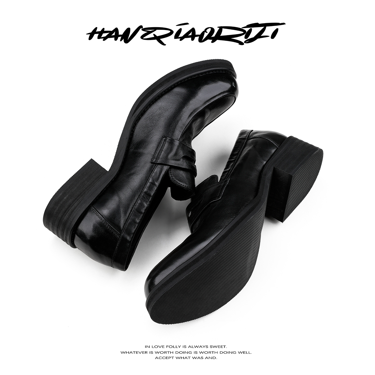 韩桥日记[黑血系列]植鞣水洗牛皮优雅夏季透气尖头乐福皮鞋增高