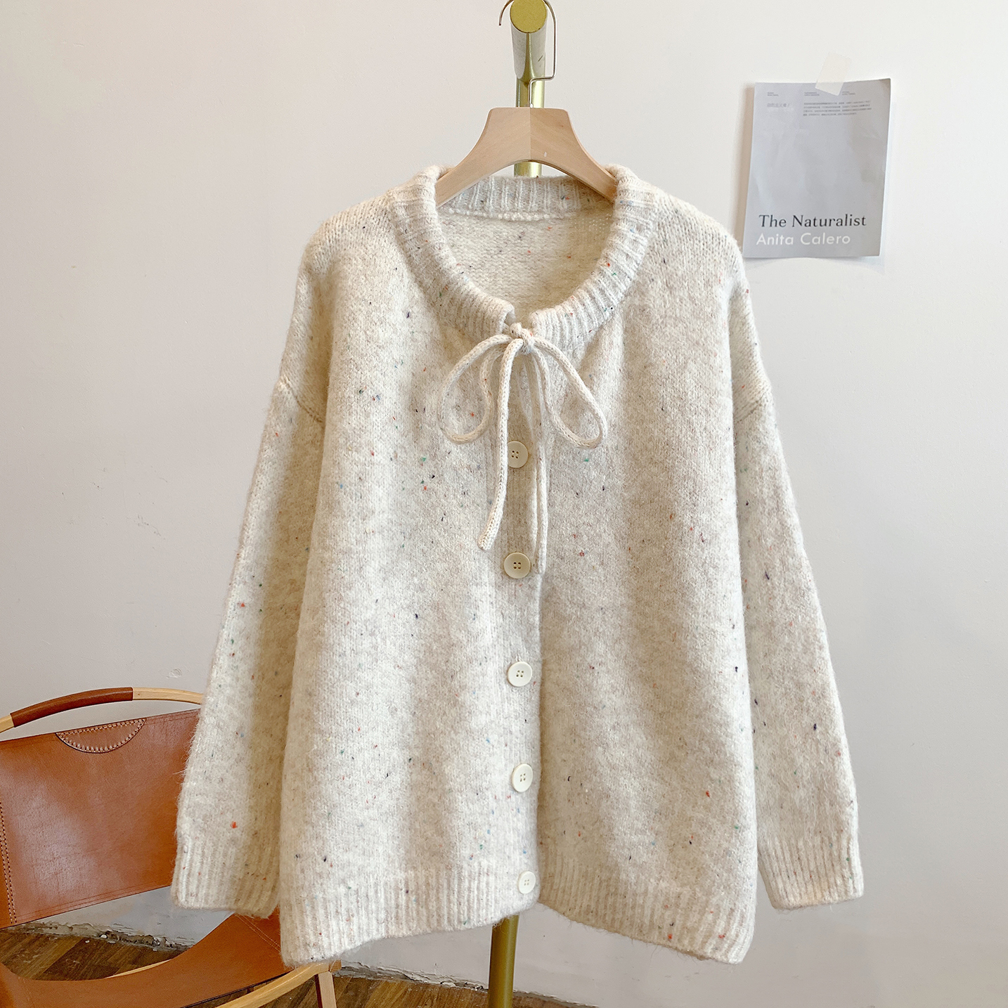 C5171杂色领口抽绳系带圆领针织开衫毛衣