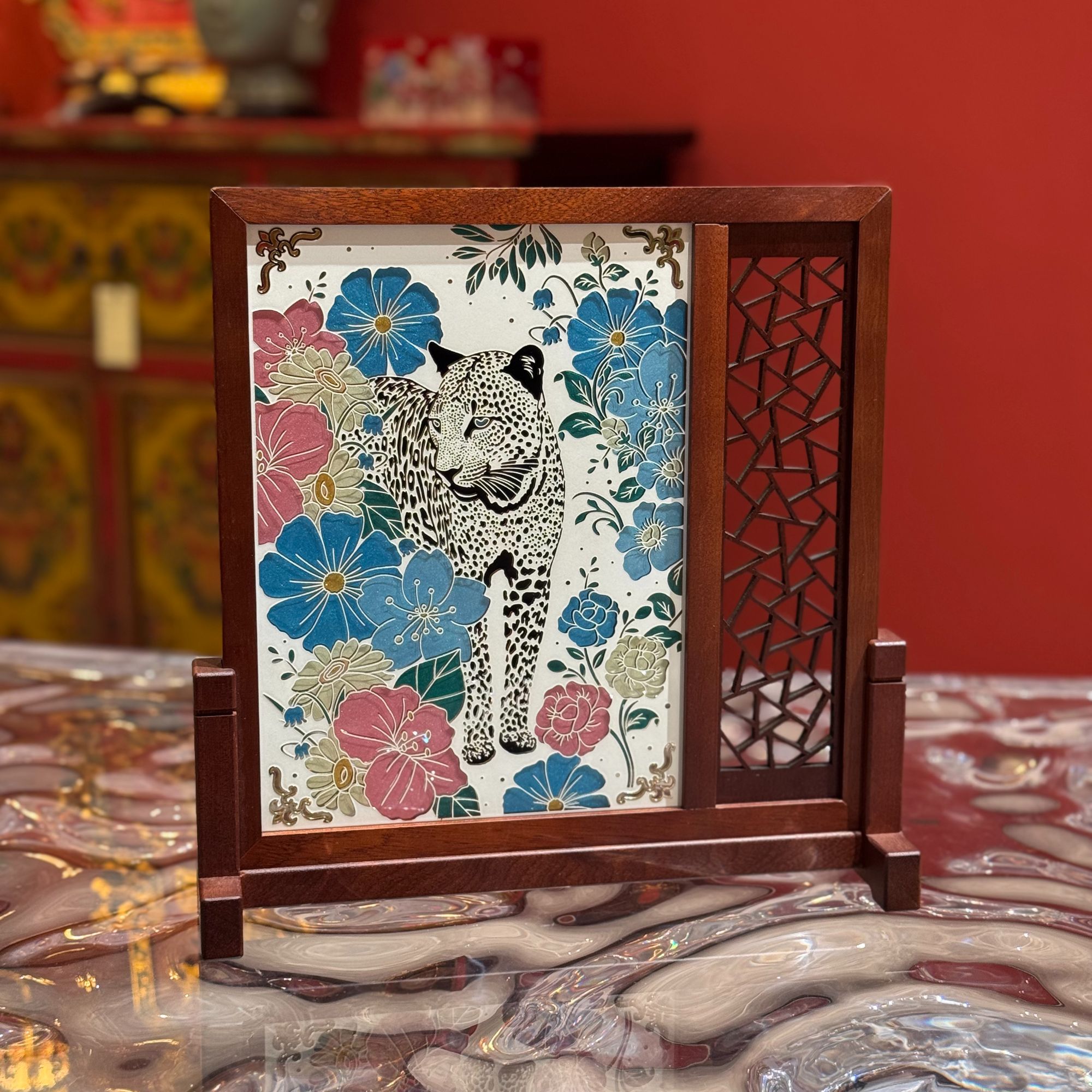 【一路豹富】办公室茶桌摆件双面中国风复古台屏摆件 32*32CM