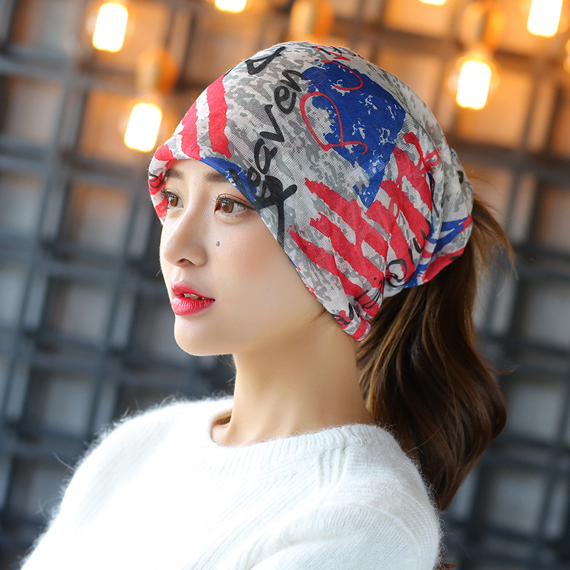 帽子春秋天红条五星款围脖女韩版潮头巾包头月子帽三用套头堆堆