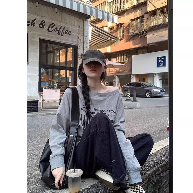 （有运险）1206-美式复古灰色一字领露肩长袖T恤女秋季2025新款辣妹