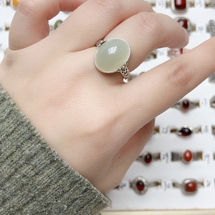 和田玉戒指银S925镶嵌天然