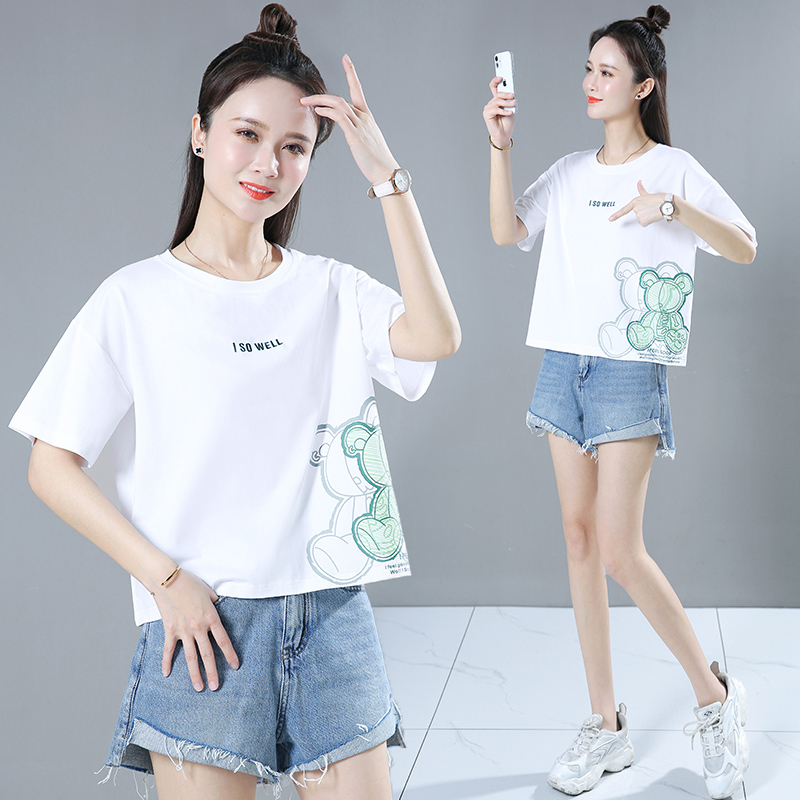 夏季小个子印花圆领t恤透气休闲宽松显瘦百搭洋气创意设计感短袖
