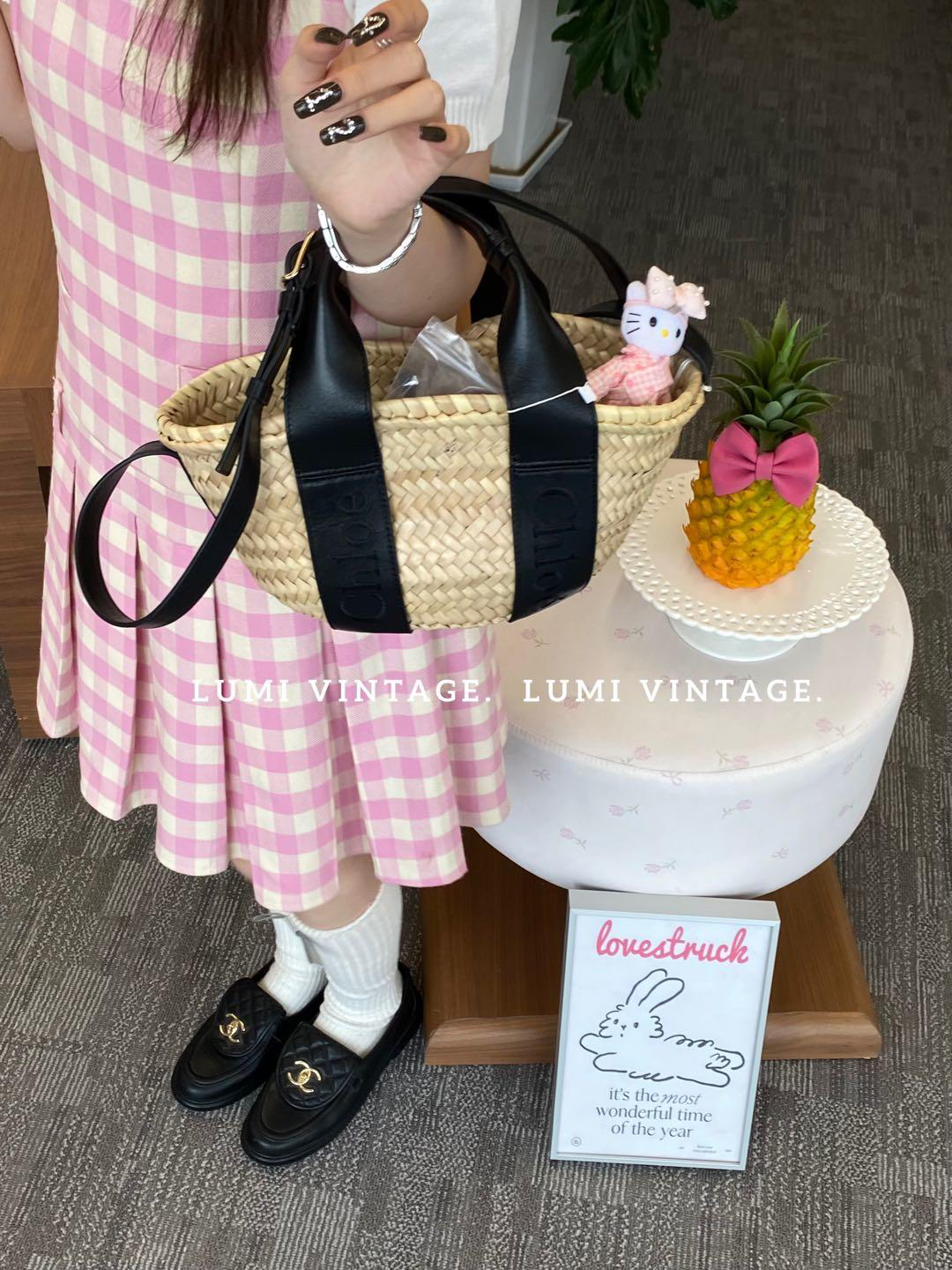 95新 Chloe/蔻依 Lumi包展-黑色手柄竹编mini菜篮子单肩包