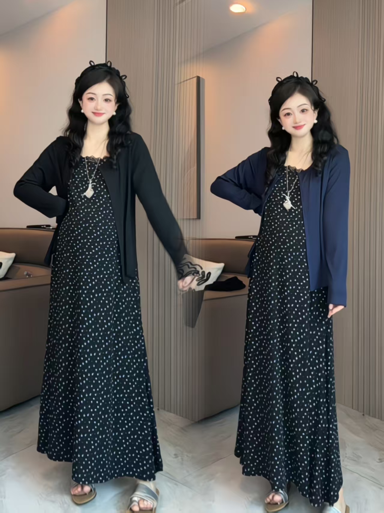 早秋新款胖mm碎花吊带长裙收腰显瘦外套两件套装小清新时尚气质