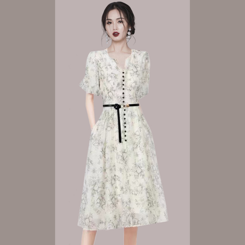 高端精致连衣裙2025女新款夏季印花高级气质收腰中长裙子
