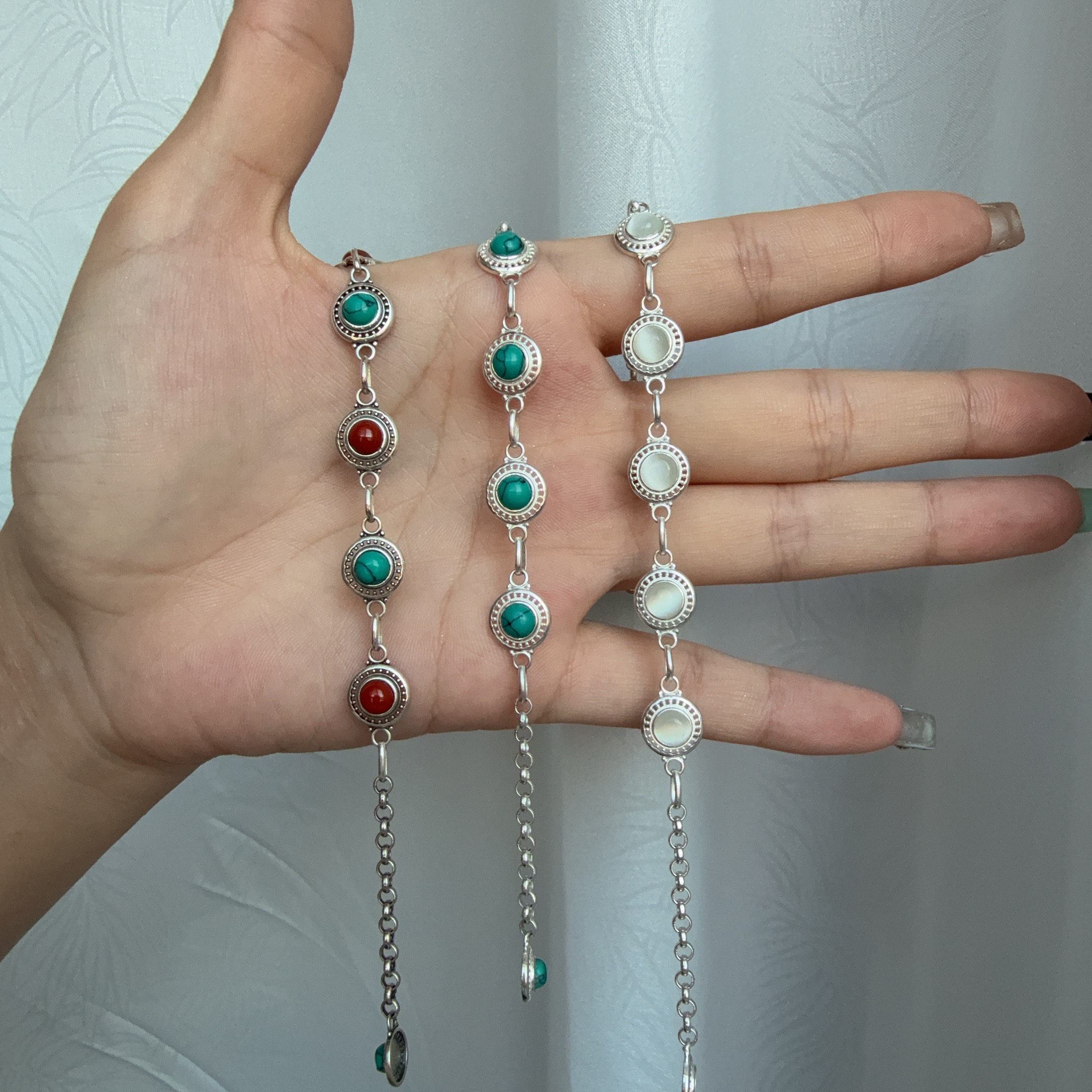 925银银制品 纯银手工7个石头手链实心