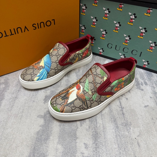 95新 GUCCI/古驰 乌木百鸟朝凤印花双G老花休闲一脚蹬/40.5欧码