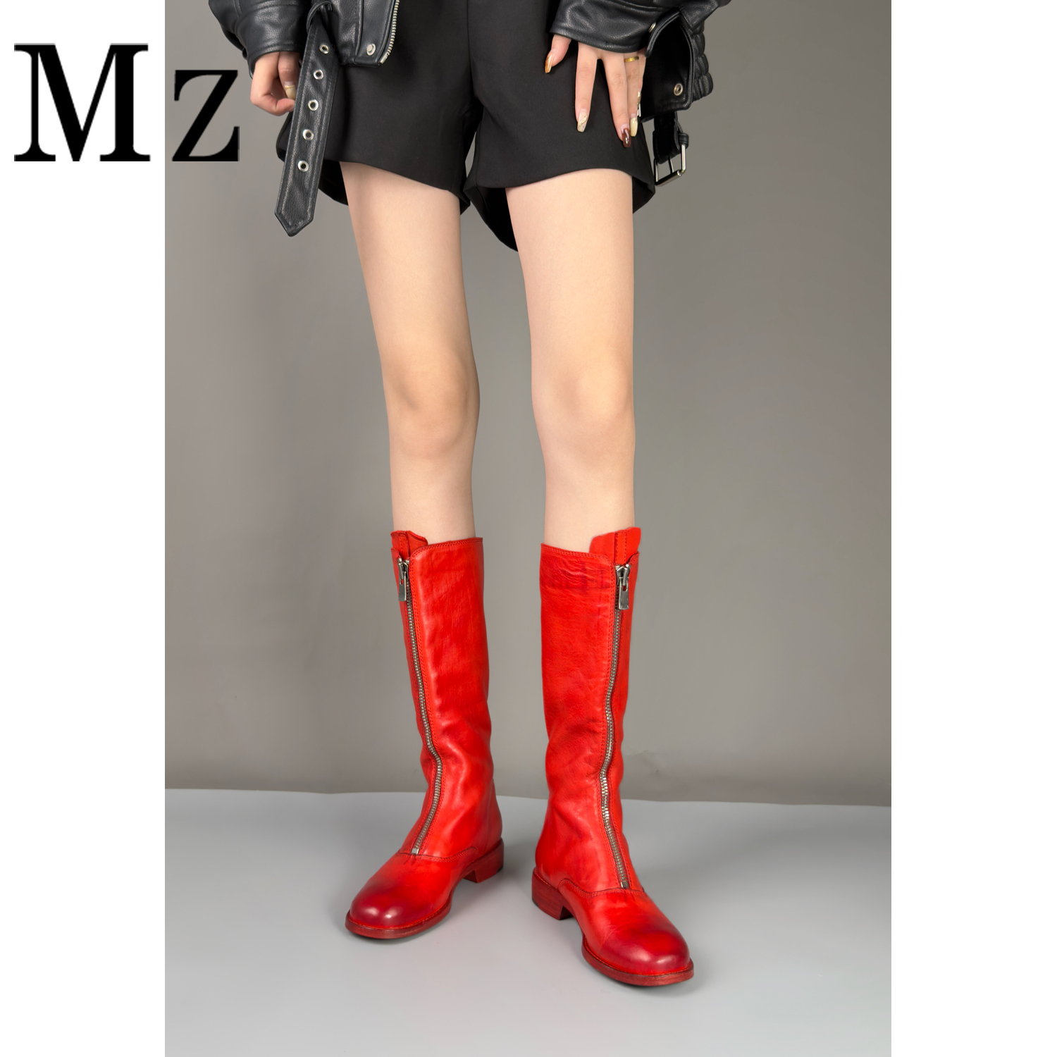 【奢品】 水洗马皮/鬼家同款前拉链长靴真皮高筒靴秋冬不过膝长靴
