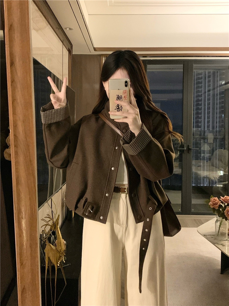 新款设计感气质百搭高级感立领百搭腰带毛呢外套