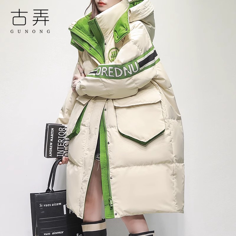 古弄原创设计潮牌羽绒服女款冬季中长款韩版宽松休闲连帽拼接加厚