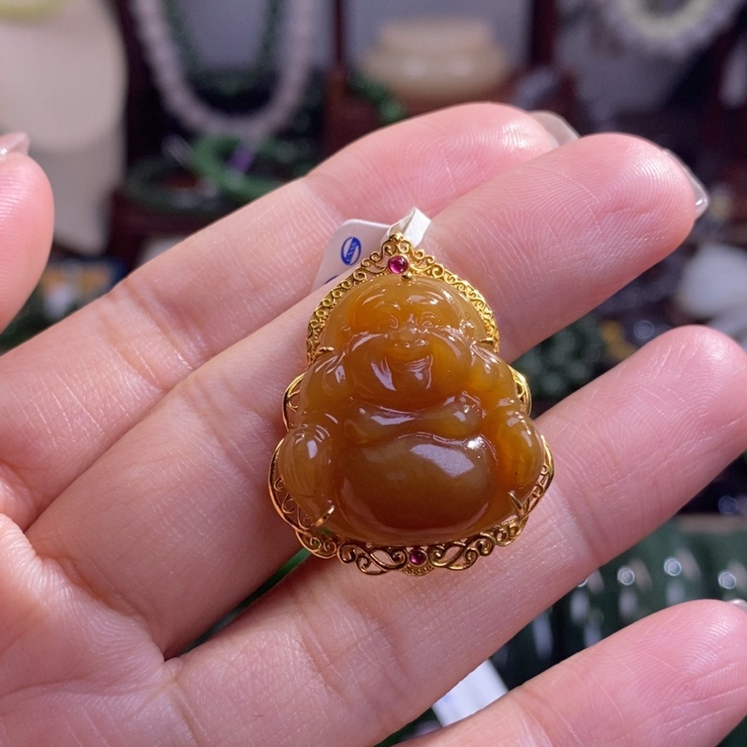 和田玉碧玉老坑料且末糖黄金糖18.k金佛公未镶嵌