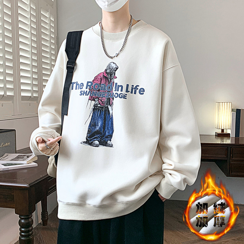 青少年高街风保暖圆领卫衣男初中高中学生加绒印花宽松大码上衣服