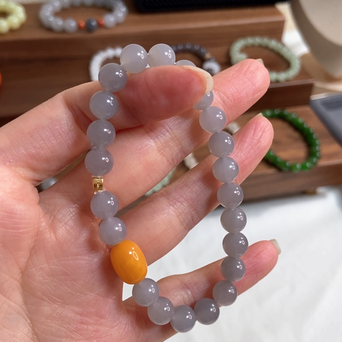 和田玉手链银S925镶嵌8mm烟紫福利款