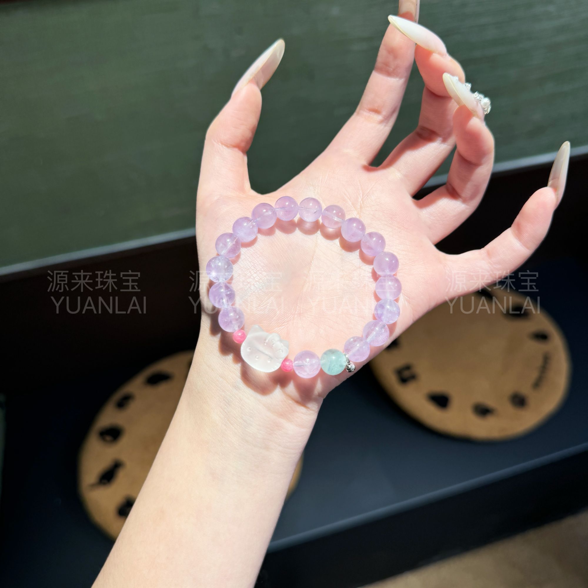YY22*紫晶喵团*紫水白水萤石蔷薇辉手串