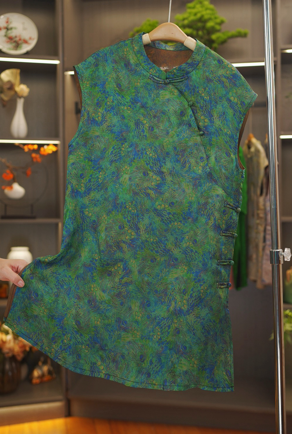 【孔雀-飞袖奥黛】中式中长款桑蚕丝花箩飞飞袖奥黛上衣