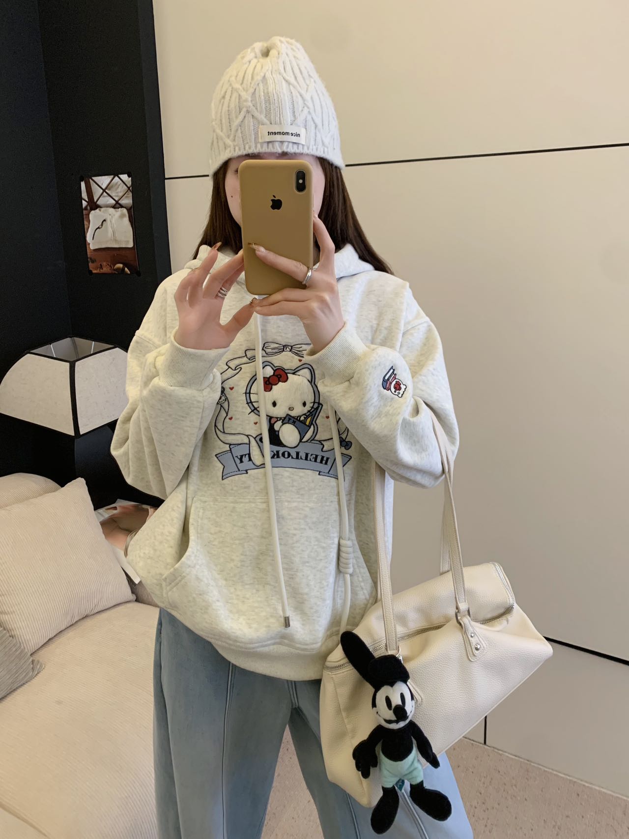 （加绒）Kitty刺绣连帽卫衣 宽松百搭重工刺绣针织长袖休闲风5106