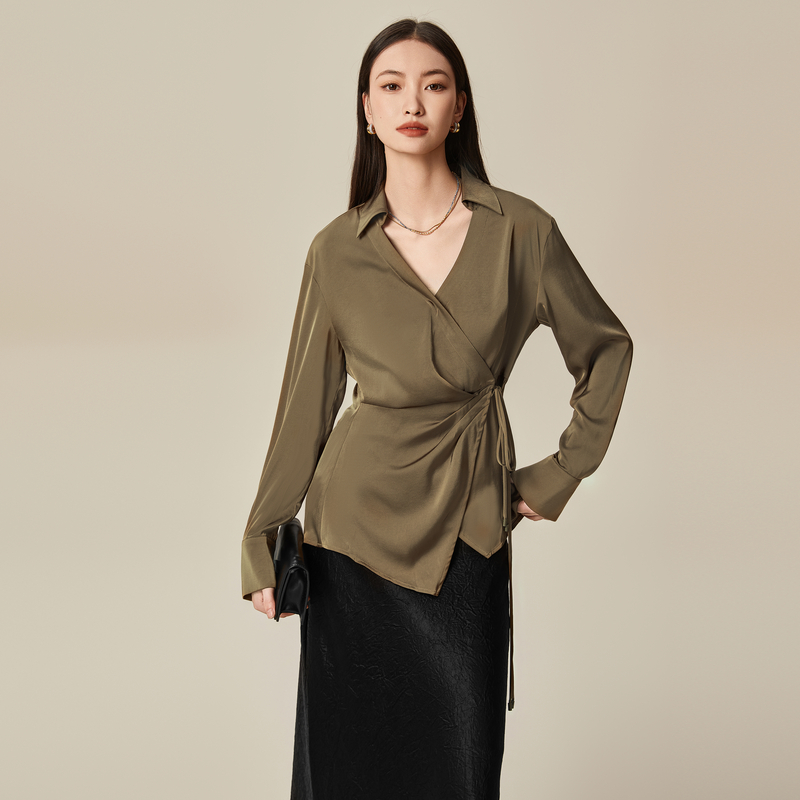 XG雪歌系带抽褶设计长袖衬衫春季新款淑女风复古驼色上衣女装