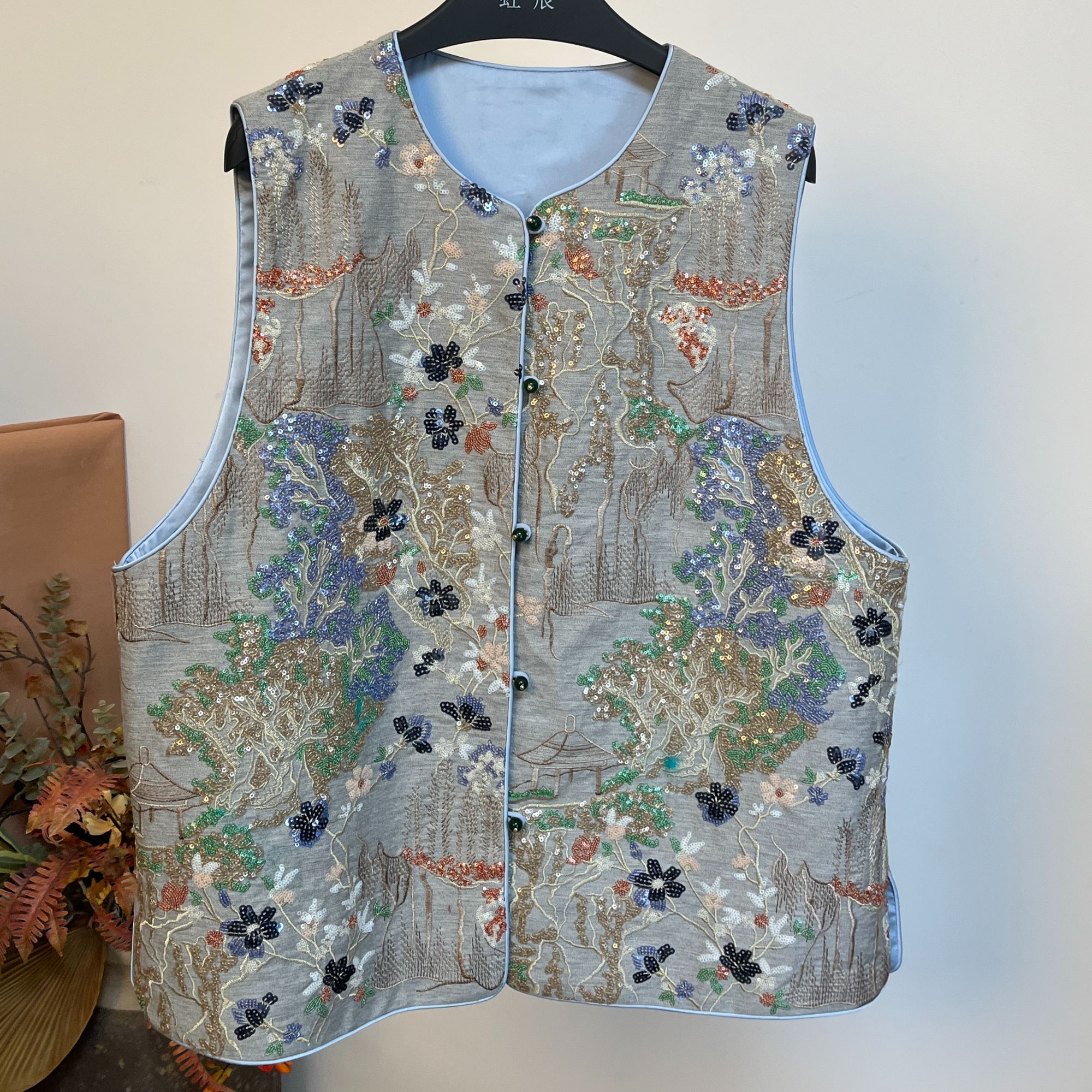 大码牛仔重工亮片绣马甲【原版布料爆闪】