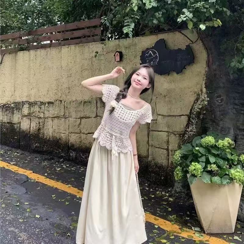 【A19】倩#镂空上衣+吊带+半身裙【三件套】