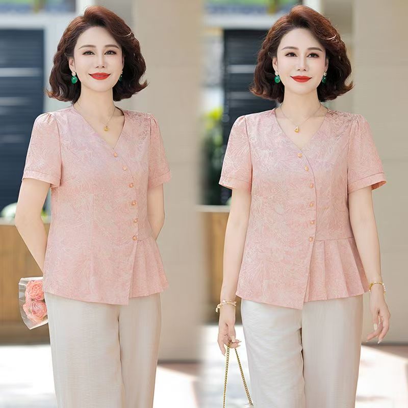 母亲节中年妈妈夏装气质衬衫上衣时尚短袖T恤套装中老年洋气小衫