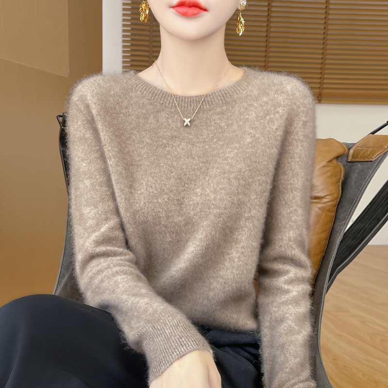 秋冬新款100%纯羊毛衫女加厚纯色套头圆领毛衣宽松显瘦内搭打底衫