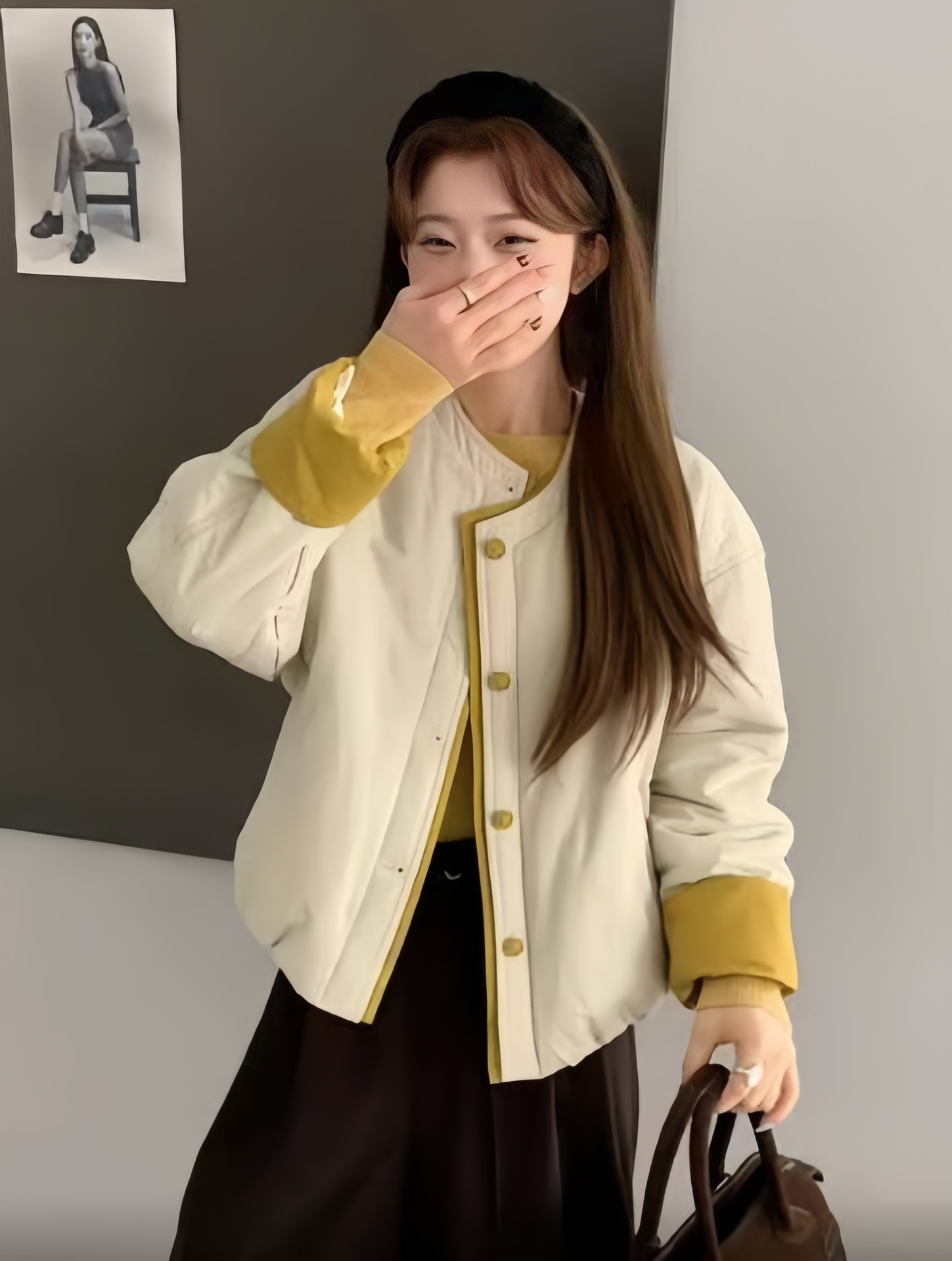 撞色拼接设计圆领单排扣女士秋冬休闲夹棉外套短款时尚百搭宽松