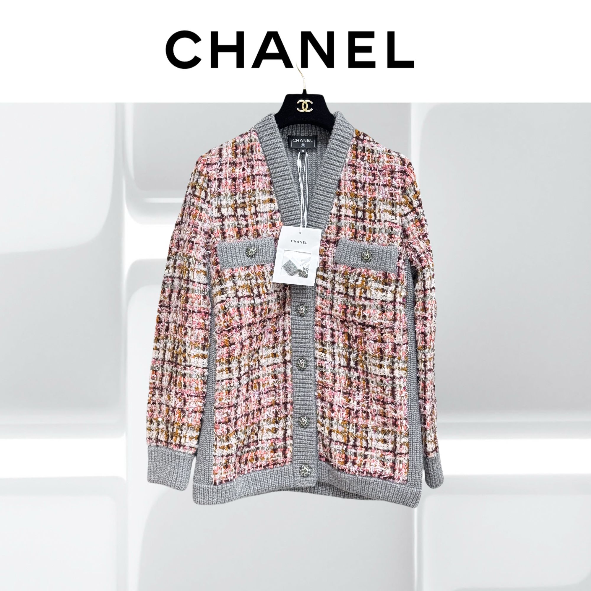 99新 Chanel/香奈儿 36码23K灰色拼粉棕混色针织开衫