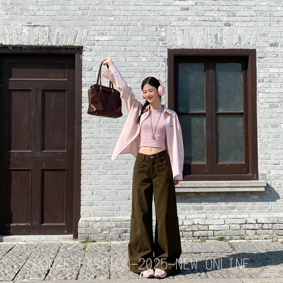 美式复古INS风琥珀色阔腿女宽松工装多口袋百搭拖地显瘦牛仔裤