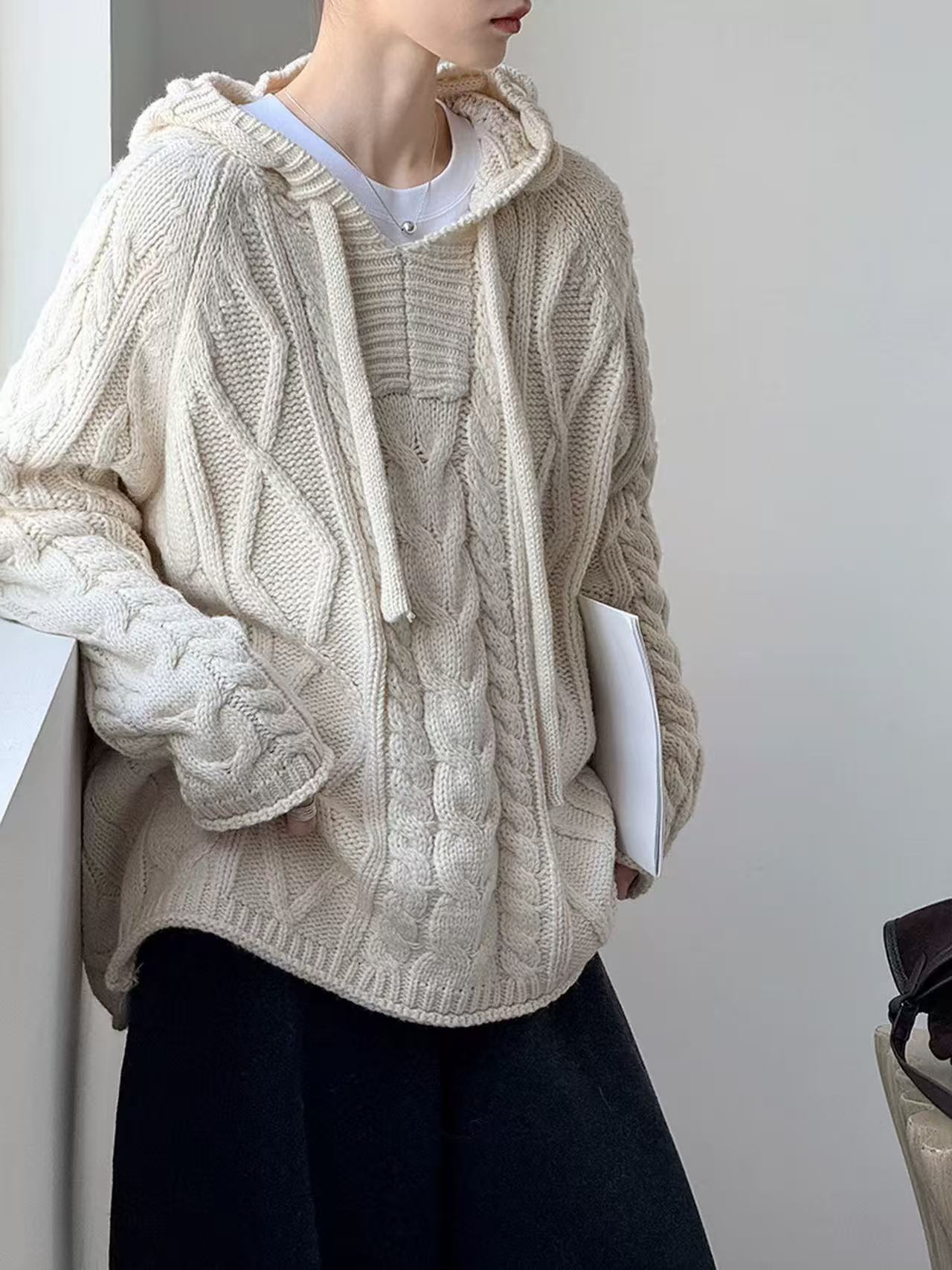 欧货粗线连帽麻花慵懒风毛衣