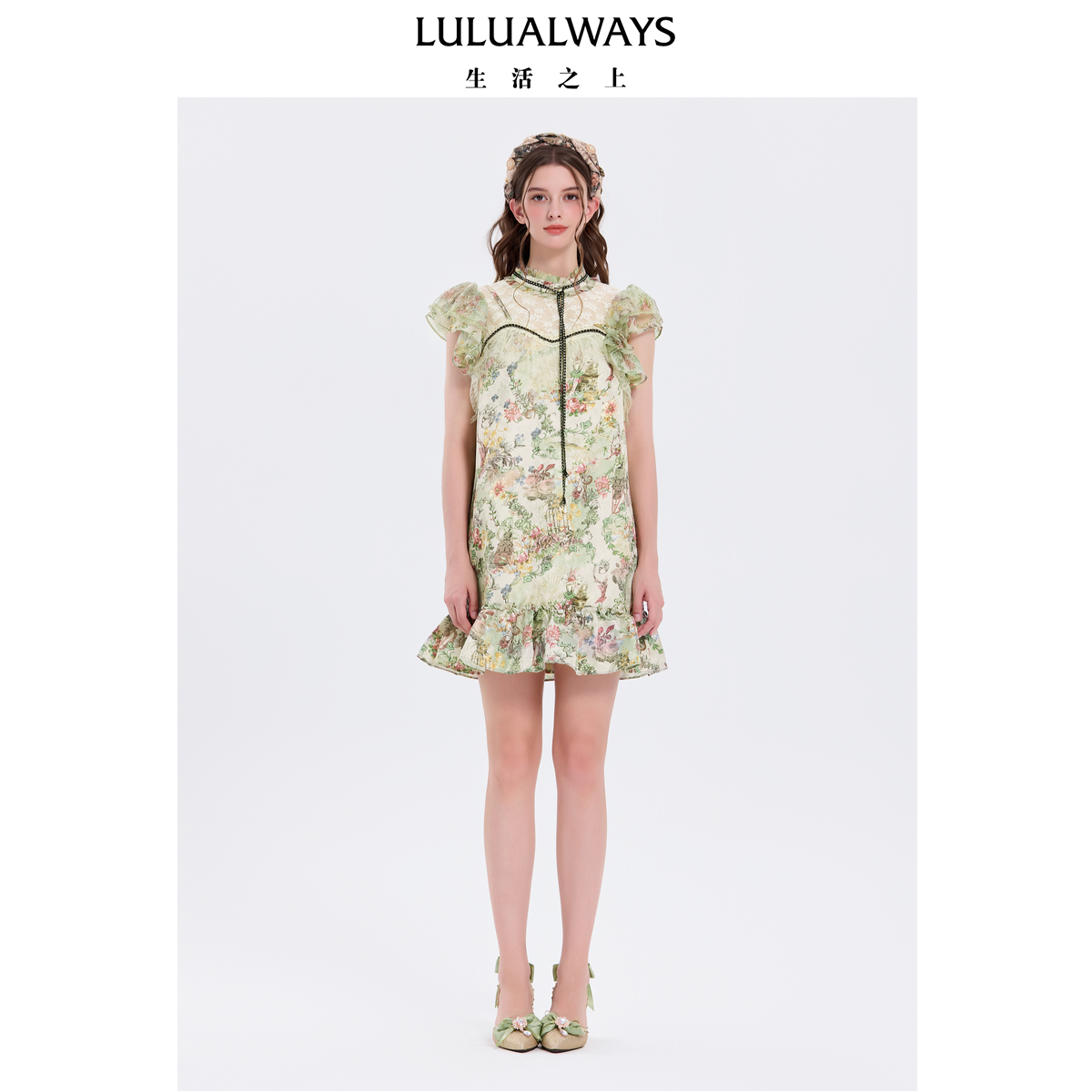LULUALWAYS我爱露露25夏季新款清新甜美法式直筒蕾丝荷叶边连衣裙