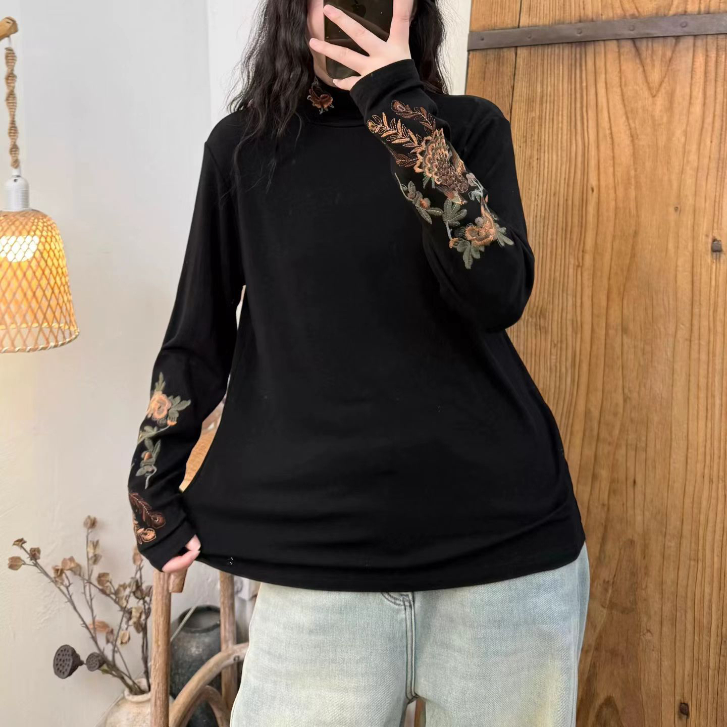 艾美2023女士棉立领古风款打底衫——时尚百搭半高领秋冬长袖套头