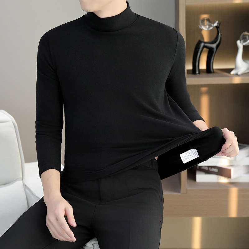 秋冬高品质男装针织衫纯色德绒半高领冬季加绒打底衫内搭长袖T恤