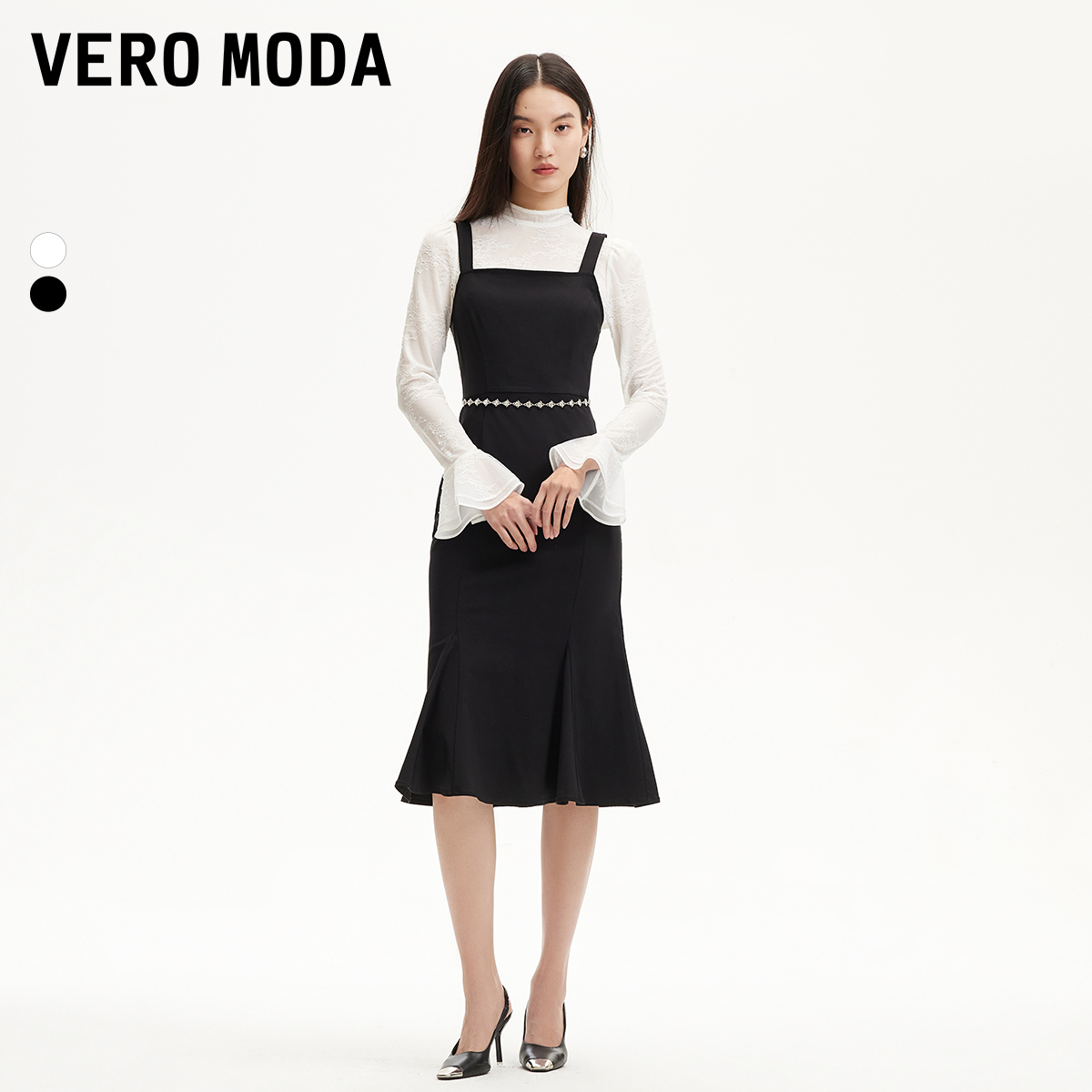 Vero Moda连衣裙2025新款真两件鱼尾裙网纱半透内搭老钱风松弛感
